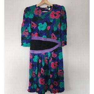 Kwai 80s Floral Print Dress Size 14 ILGWU Suede Padded Shoulders Half Sleeve